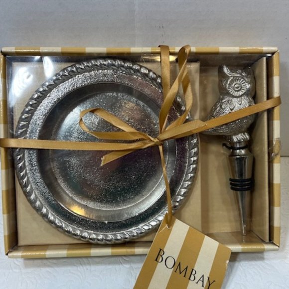 NEW Bombay 2-Piece Owl Wine Bottle Stopper & Coaster Set Nickel- Finish Gift Set - Picture 6 of 8